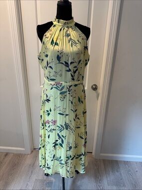 Banana Republic Light Yellow Floral Soft Satin Halter Midi Dress NWT SIZE 12